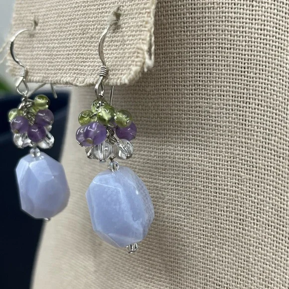 Ross-Simons Blue Agate Amethyst Peridot Quartz Cluster Dangle Earrings 11.6g - Picture 3 of 15